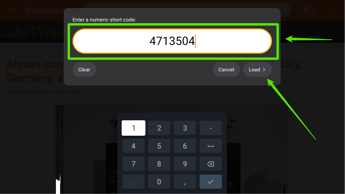 Introducir código de instalación y pulsar Cargar