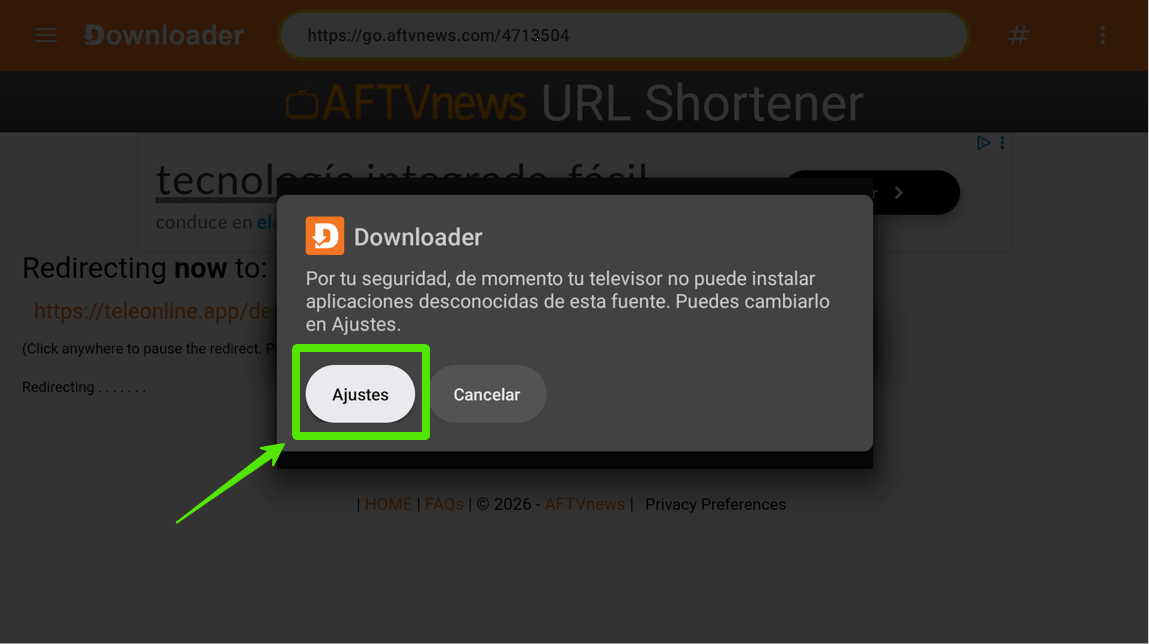 Aviso de permisos de instalación, pulsar Ajustes