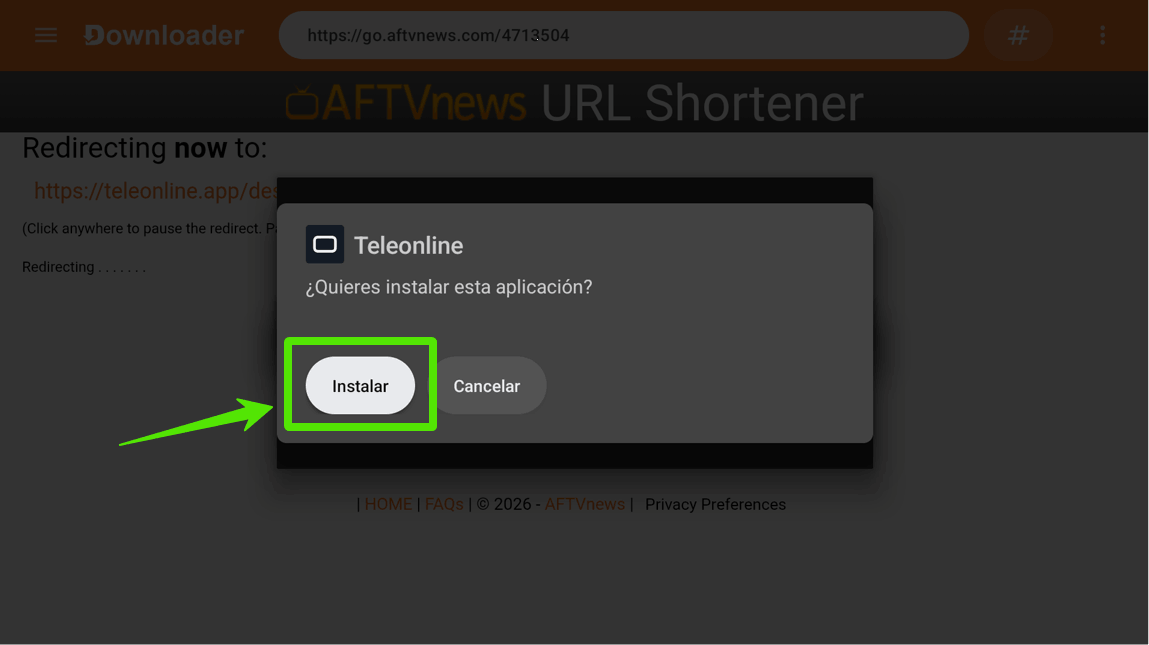 Pulsar Instalar para terminar la instalación de Teleonline