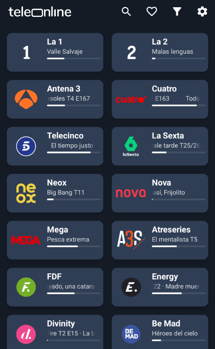 Interfaz Teleonline - Listado de canales
